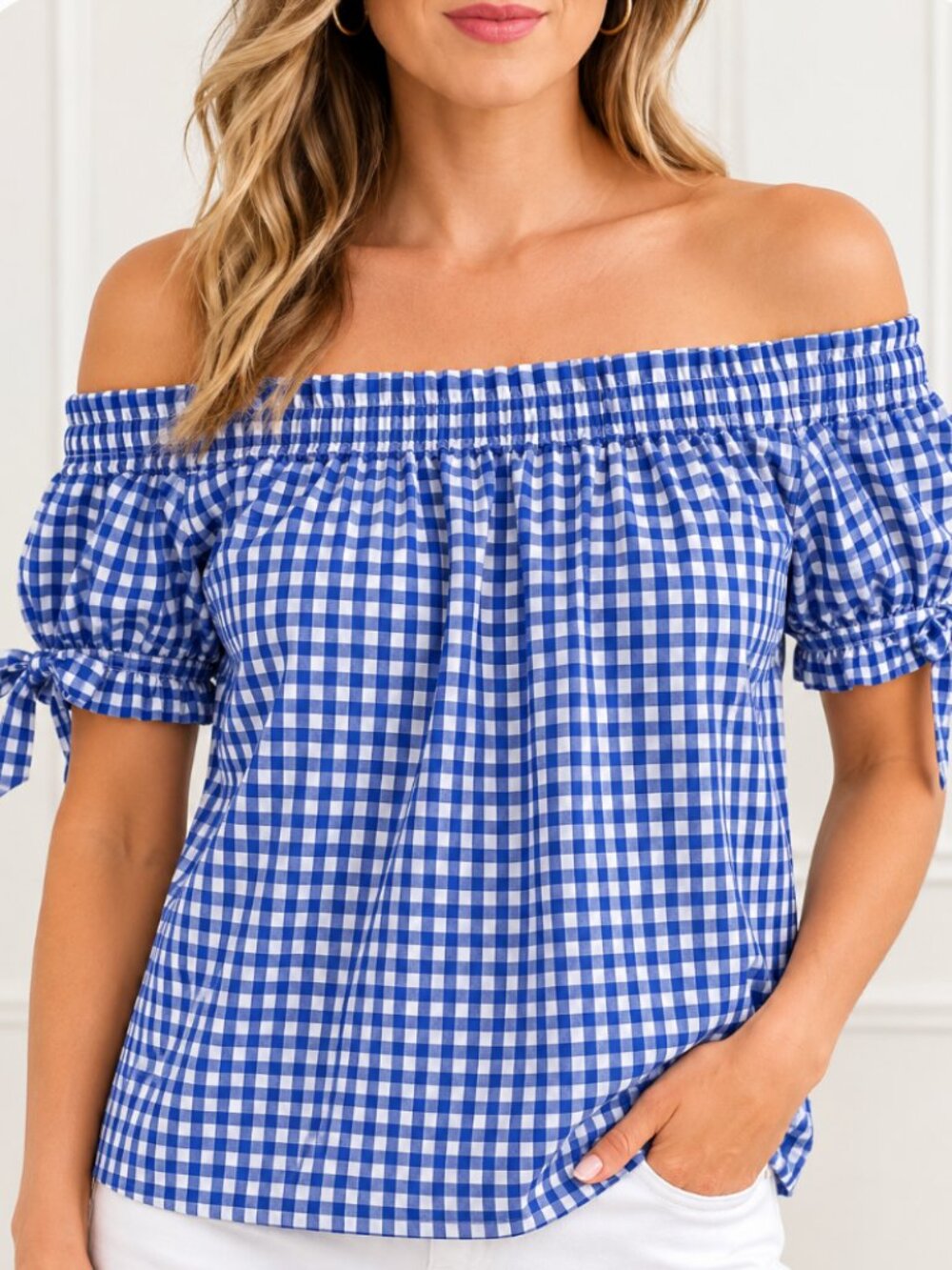 J.Crew Blue White Gingham Off Shoulder Tie Sleeve Blouse Women's Size 8